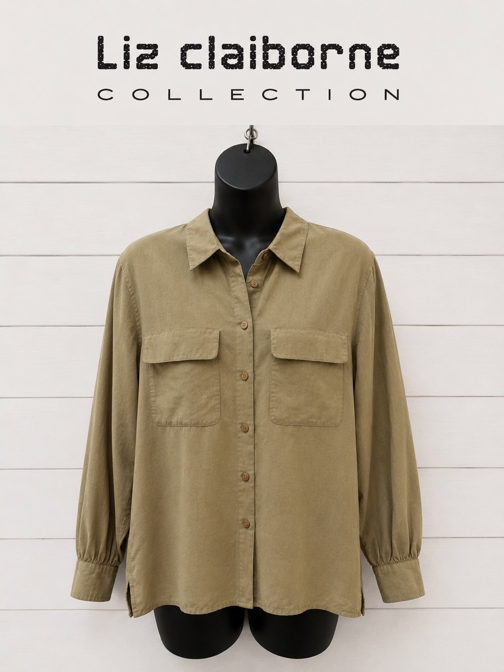LIZ CLAIBORNE COLLECTION Vintage – Beige Khaki Silk Shirt – Size M